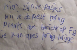 Handgeschreven briefje van inbreker in Den Helder © facebook
