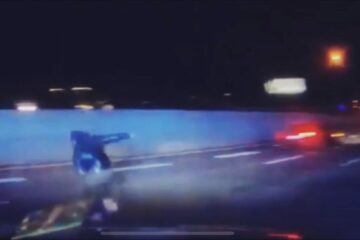VIDEO: Man vlucht en springt uit paniek van snelweg na stopteken (voor iemand anders)